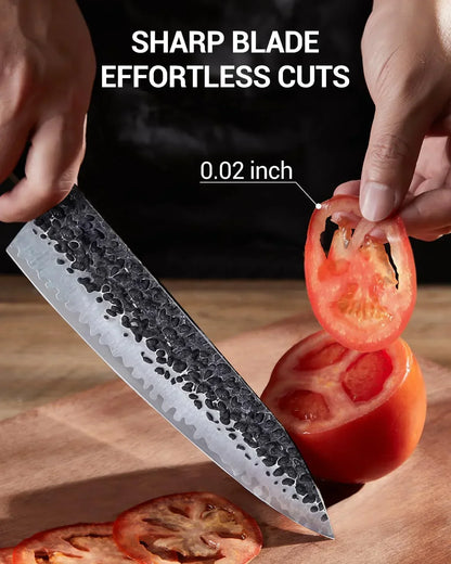 Sharp kitchen knife slicing thin tomato slices on cutting board, text highlights effortless cuts.