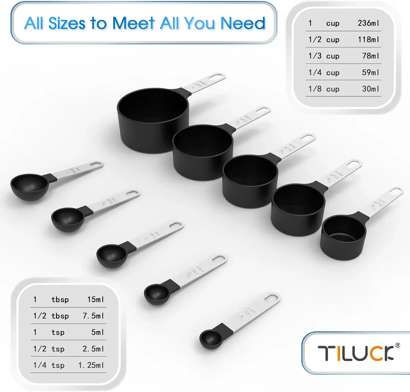 Measuring Cups & Spoons Set, Stackable Cups and Spoons, Nesting Measure Cups with Stainless Steel Handle, Kitchen Gadgets for Cooking & Baking (Black)