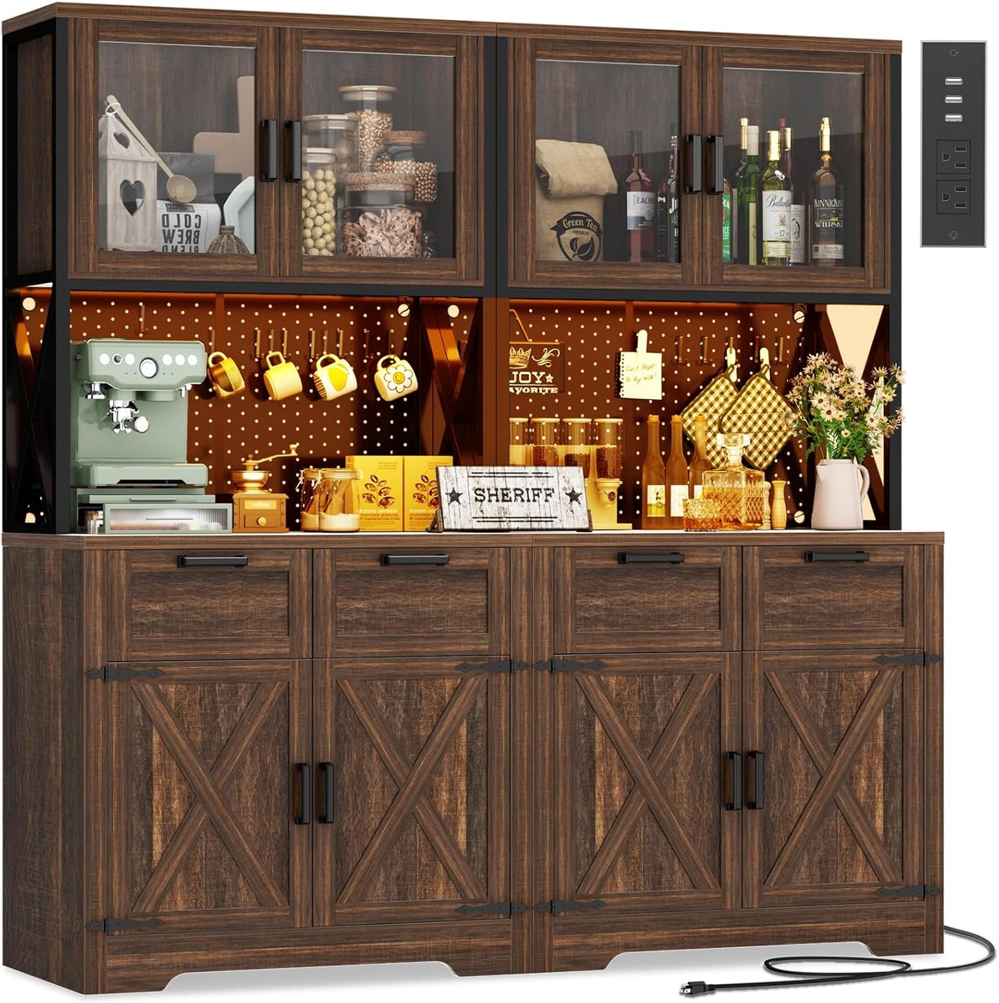 71" Tall Kitchen Pantry Storage Cabinet with LED Light & Outlet, 63" Wide Kitchen Hutch Cabinet with Large Countertop, DIY Pegboard and Drawers, Food Pantry for Living Room,Weathered Brown