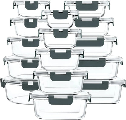 30 Pieces Glass Food Storage Containers with Snap Locking Lids,Glass Meal Prep Containers Set - Airtight Lunch Containers, Microwave, Oven, Freezer and Dishwasher
