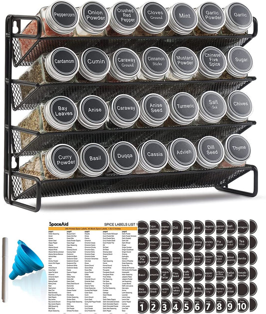 Spice Rack Organizer with 28 Spice Jars, 386 Spice Labels, Chalk Marker and Funnel Set for Cabinet, Countertop, Pantry, Cupboard or Door & Wall Mount - 28 Jars, 13.4" W × 10.8" H, Black