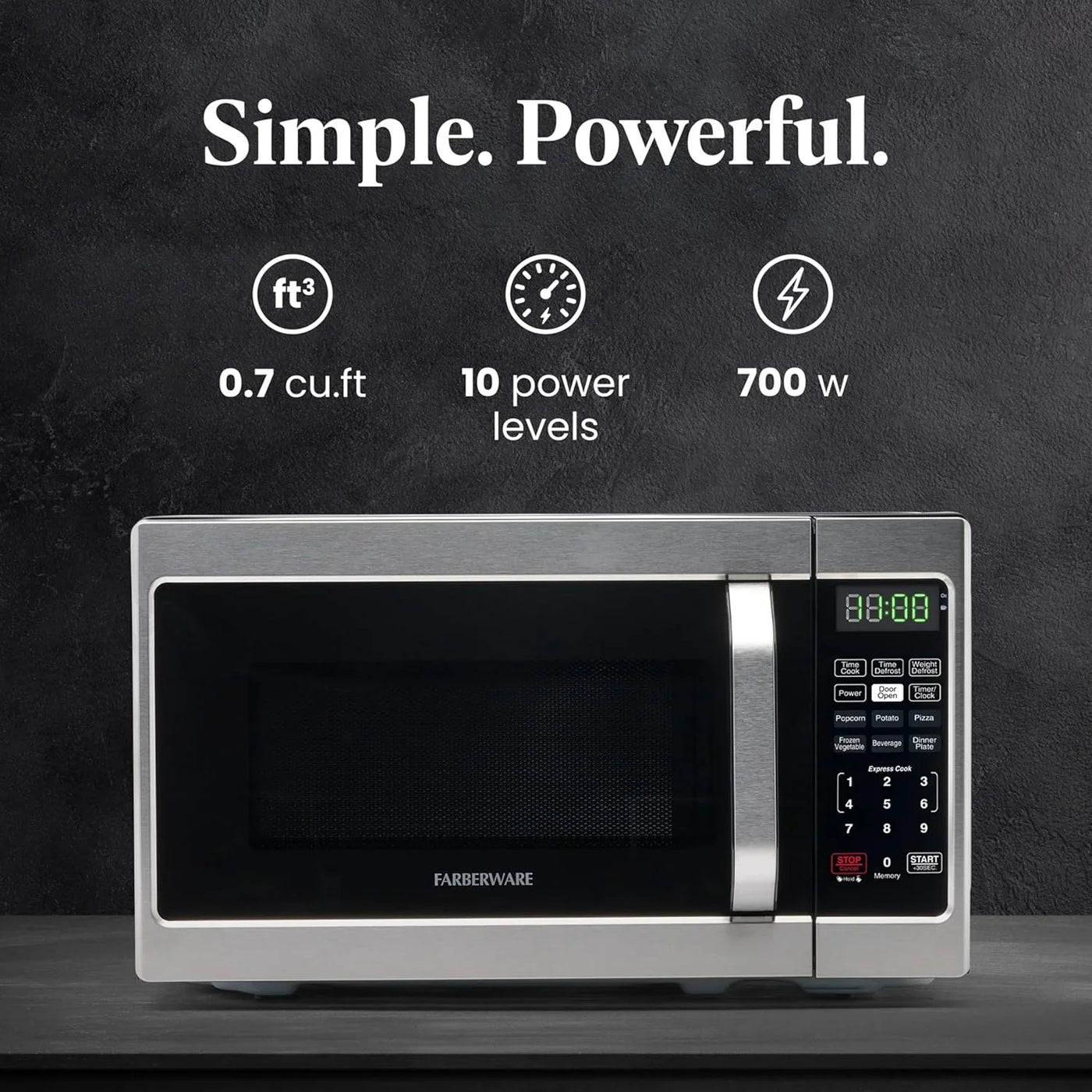 0.7 Cu. Ft. Countertop Microwave Oven – 700 Watts Power, Auto Cook Settings, Defrost, Easy Clean and Child Safety Lock - Stainless