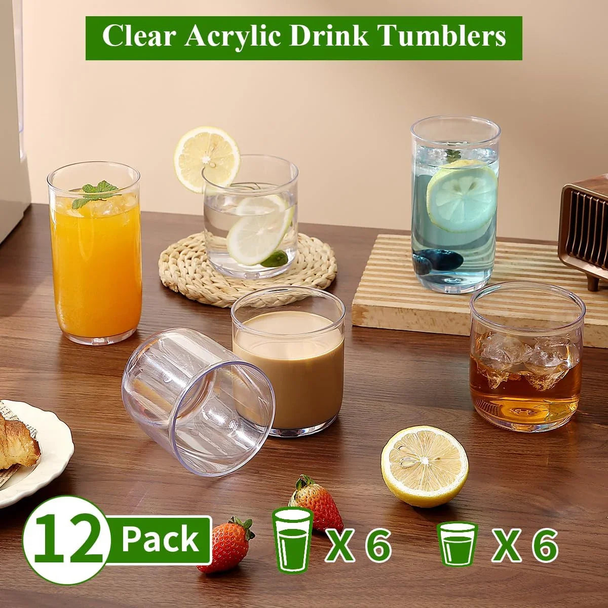 Drinking Glasses Set of 12, PET Clear Plastic Highball Glasses 14Oz & Whisky Cocktail Glasses Set 11.5Oz, Heavy Duty Unbreakable Water Glasses Cup Tumbler Glassware for Beer, Juice, Milk