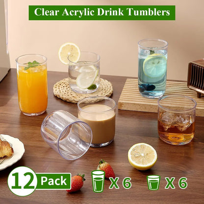 Drinking Glasses Set of 12, PET Clear Plastic Highball Glasses 14Oz & Whisky Cocktail Glasses Set 11.5Oz, Heavy Duty Unbreakable Water Glasses Cup Tumbler Glassware for Beer, Juice, Milk