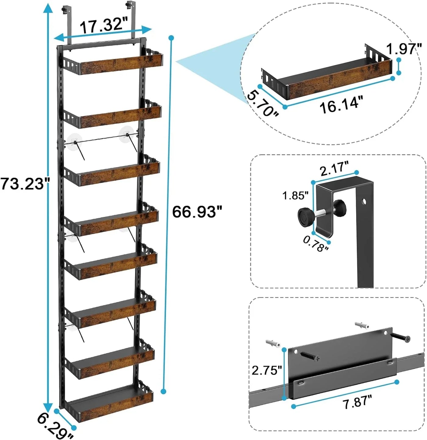 over the Door Pantry Organizer, 8-Tier Adjustable Wooden Basket Kitchen Pantry Door Organization and Storage, 2 in 1 Wall Mount or Hanging Heavy-Duty Metal Hanging Kitchen Spice Rack, 1 Pack
