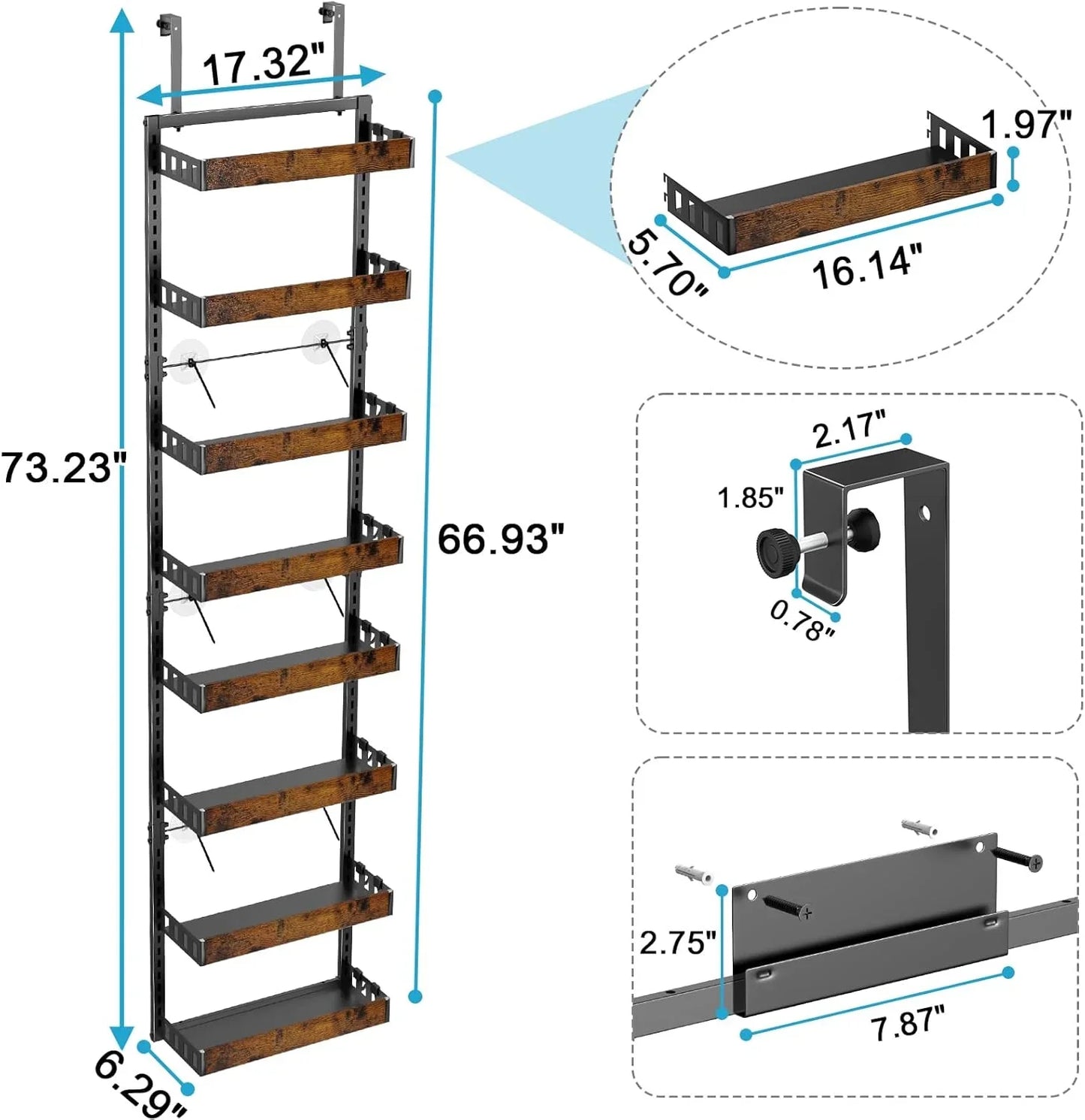over the Door Pantry Organizer, 8-Tier Adjustable Wooden Basket Kitchen Pantry Door Organization and Storage, 2 in 1 Wall Mount or Hanging Heavy-Duty Metal Hanging Kitchen Spice Rack, 1 Pack