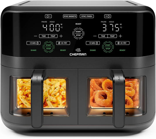 6 Quart Dual Basket Air Fryer Oven with Easy View Windows, Sync Finish, Hi-Fry, Auto Shutoff, 2 Independent 3Qt Nonstick Dishwasher Safe Frying Baskets, Digital Double Air Fryer - Black