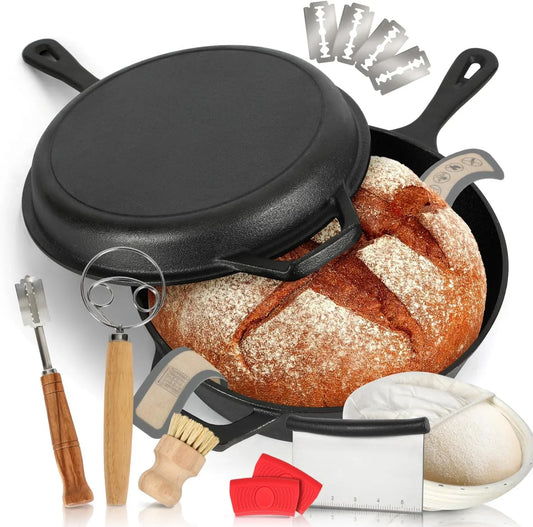 5 Qt Cast Iron Dutch Oven with Skillet Lid, 2-In-1 Sourdough Dutch Oven, Dutch Pot with Bread Baking Supplies
