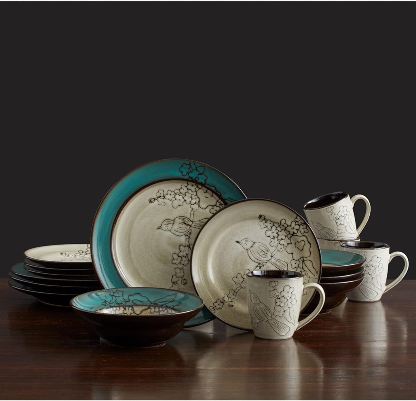 Song Bird Dinnerware Set, 16 Piece, Green, Gray