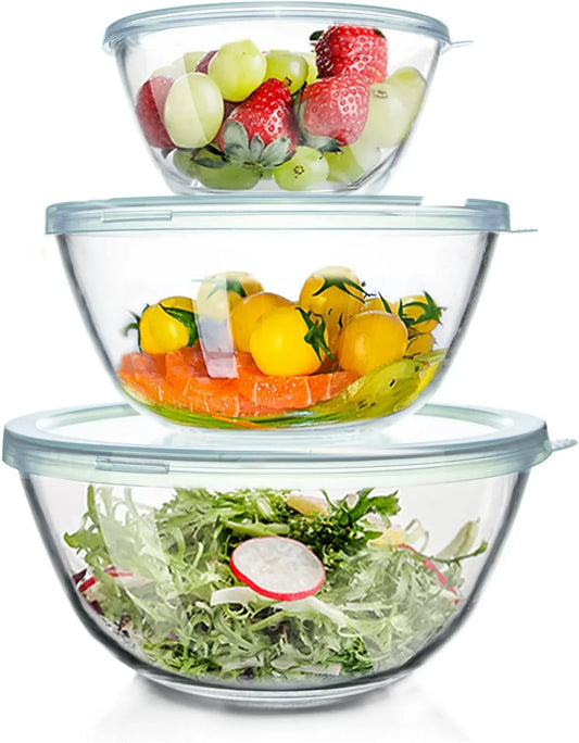 Glass Mixing Bowls Glass Bowls with Lids Set(4.5Qt,2.7Qt, 1.1Qt),Large Salad Bowls,Glass Mixing Bowl Space-Saving Nesting Storage Bowls for Cooking,Baking,Prepping,Dishwasher Safe