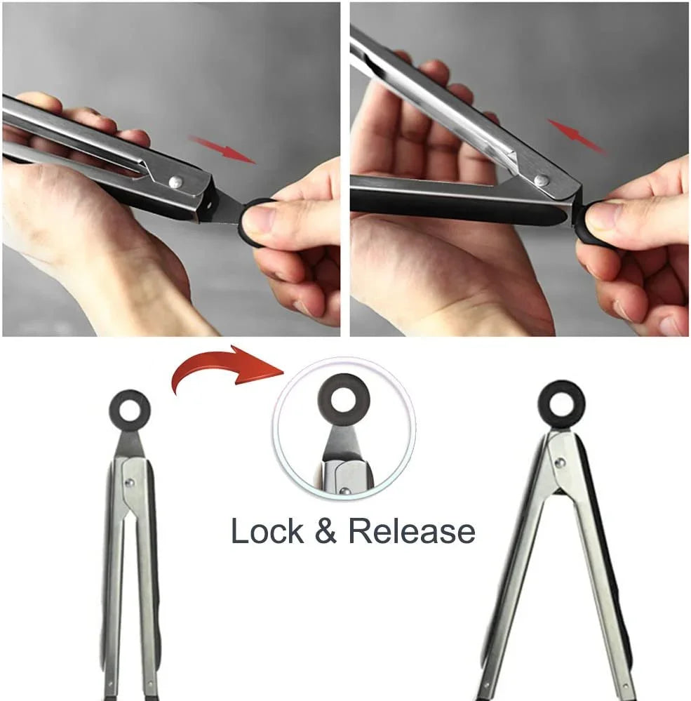 Kitchen Tongs 9 Inches and 12 Inches Fish Spatula Stainless Steel Locking with Silicone Tips Cooking Salad Buffet BBQ Serving Tongs Heat Resistant Meat Turner Spatula Tongs, Black