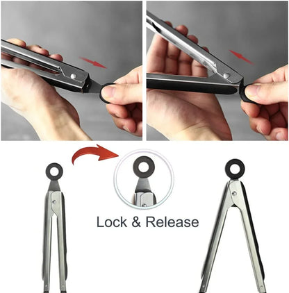 Cooking Tongs 9 Inches and 12 Inches Stainless Steel Kitchen Silicone Serving Tong Heat Resistant Meat Turner Spatula Tongs with Locking Handle Joint