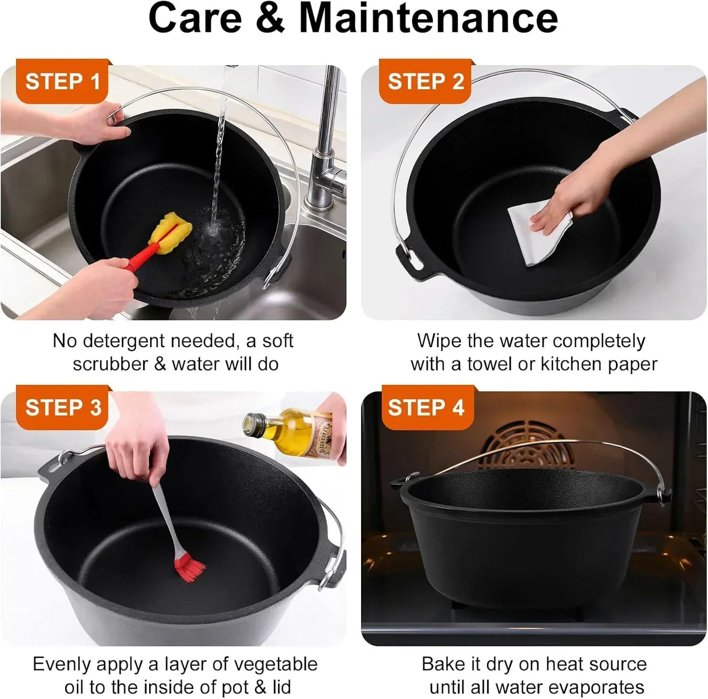 Cast iron pot care: wash, dry, oil, and bake for maintenance