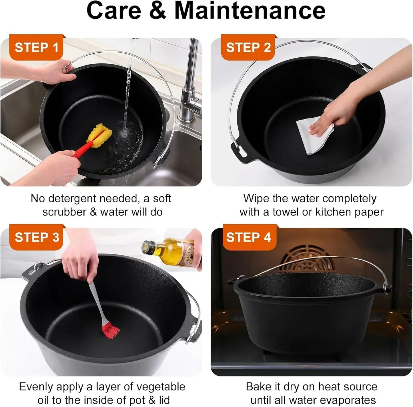 Cast iron pot care: wash, dry, oil, and bake for maintenance