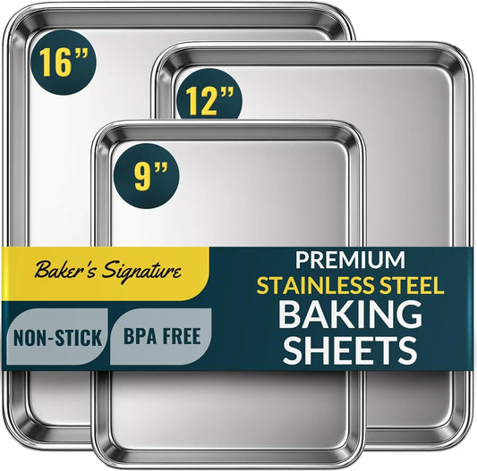 Baker’S Signature Stainless Steel Cookie Sheet Pan, Stainless Steel Baking Sheet Set of 3, Mirror Finish, Non-Stick, Rust Resistant, BPA Free, Dishwasher Safe, 9/12/16 Inch