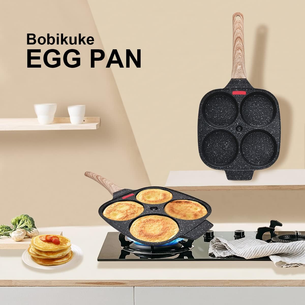4-Cup Egg Pan Nonstick, Egg Frying Pan with Lid Pancake Pan, Omelet Pan Induction Compatible for Breakfast- Black