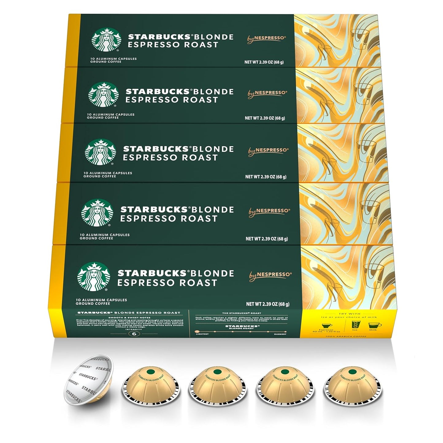 Starbucks by Nespresso Vertuo, Blonde Roast Espresso, 50-Count Espresso Pods, Brews, 1.35 Oz.
