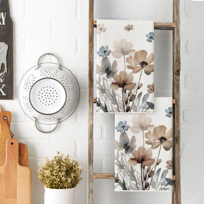 Brown Poppy Floral Leaves Spring Kitchen Towels Dish Towels, 18X26 Inch Seasonal Summer Decoration Hand Towels Set of 2