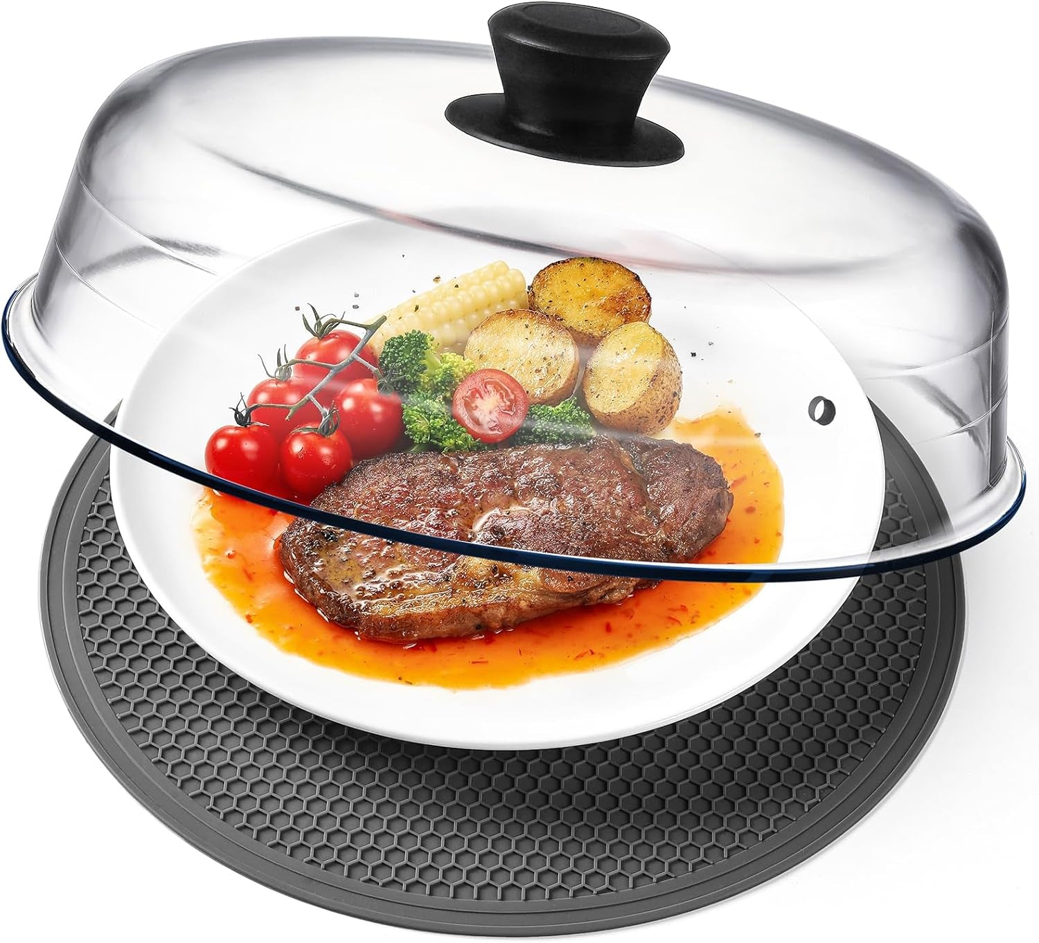 2 in 1, Glass Microwave Splatter Cover for Food & Microwave Place Mat, Plate Splatter Guard Lid with Easy Grip Silicone Handle Knob, Borosilicate Glass with Vent Hole, Food Grade, No Plastic, 10In