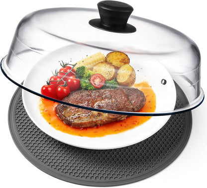 2 in 1, Glass Microwave Splatter Cover for Food & Microwave Place Mat, Plate Splatter Guard Lid with Easy Grip Silicone Handle Knob, Borosilicate Glass with Vent Hole, Food Grade, No Plastic, 10In