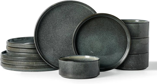 Star 12-Piece Stoneware Dinnerware Sets for 4, Reactive Glaze Plates and Bowls, Modern Rustic Dishes for Everyday & Formal Use, Chip/Scratch Resistant, Microwave/Dishwasher Safe, Deep Forest