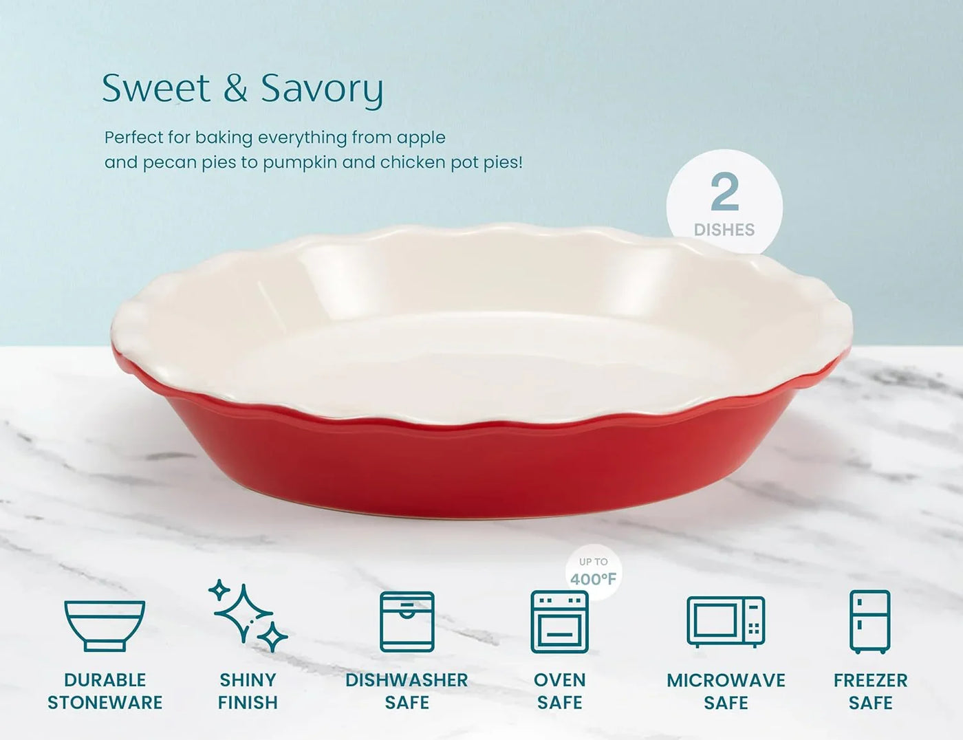 Pie Pan, Ceramic Reusable round Pie Dish, Quiche Baking Dish, Deep, Wave Edge, for Cakes, Tart, Casseroles, Tarts, Microwave, Oven and Dishwasher Safe, 9-Inch, 36 Oz, Set of 2, Cherry