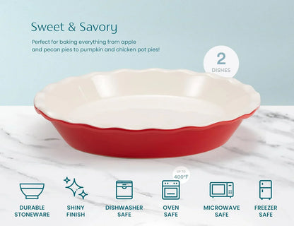 Pie Pan, Ceramic Reusable round Pie Dish, Quiche Baking Dish, Deep, Wave Edge, for Cakes, Tart, Casseroles, Tarts, Microwave, Oven and Dishwasher Safe, 9-Inch, 36 Oz, Set of 2, Cherry