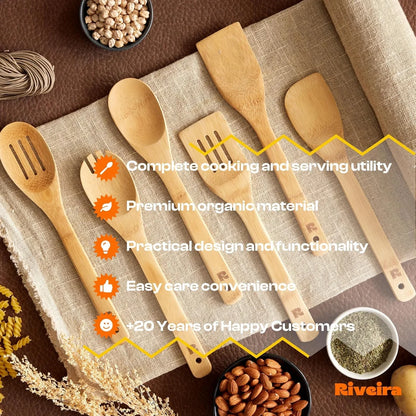 Bamboo Cooking Spoons 6-Piece – Wooden Cooking Utensils Set with Wooden Spoons for Cooking & Spatulas Wooden Utensil Sets – Premium Kitchen Utensils Set – Durable First Apartment Essentials