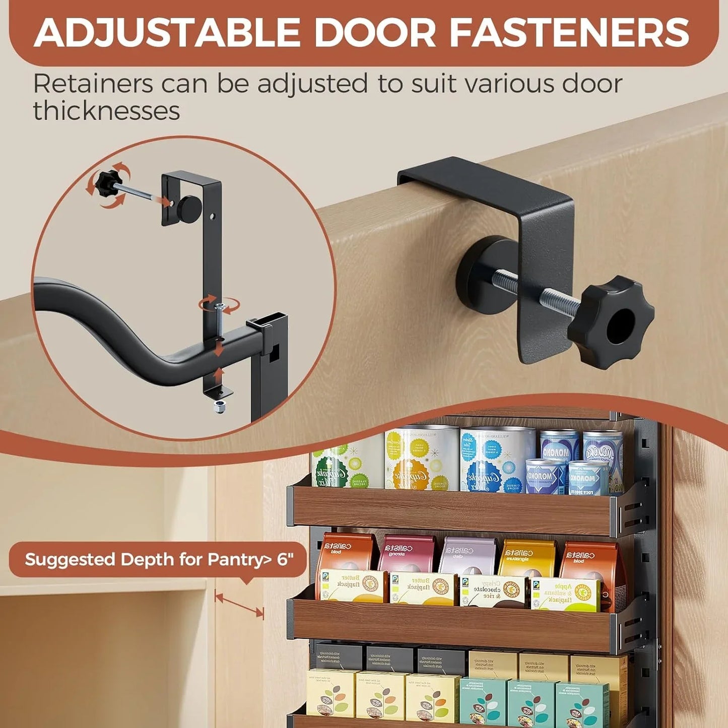 8-Tier Spice Rack Wall Mount, Heavy-Duty over the Door Pantry Organizer with Wooden Adjustable Basket, 2 in 1 Wall Mount or Hanging Pantry Door Organizer,Door Spice Rack for Pantry, Black