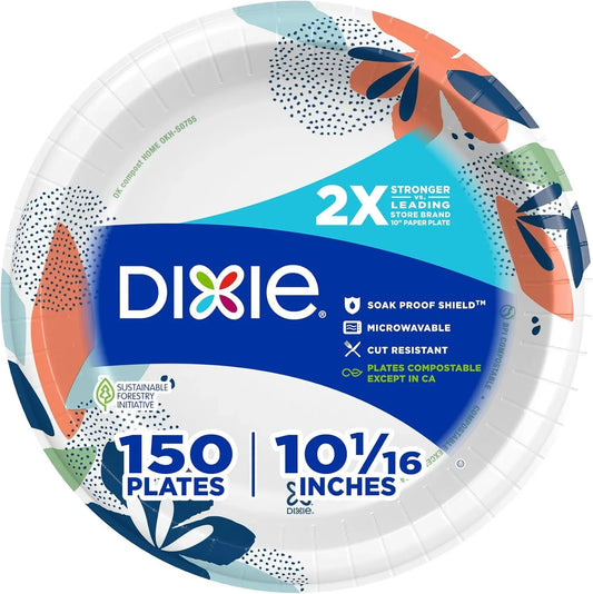 Large Paper Plates, 10 Inch, 150 Count, 2X Stronger*, Microwave-Safe, Soak-Proof, Cut Resistant, Disposable Plates for Everyday Breakfast, Lunch, & Dinner Meals