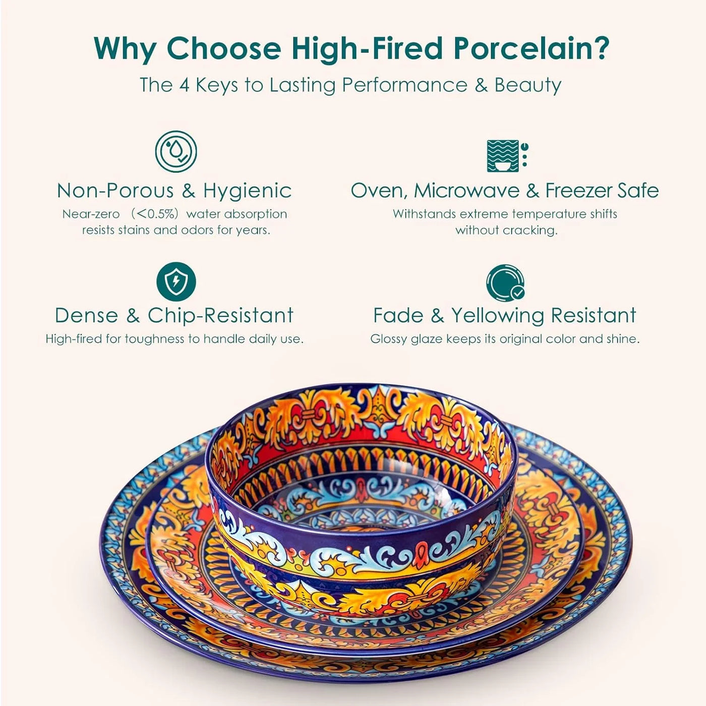 Plates and Bowls Sets,12-Piece Porcelain Dinnerware Set Service for 4, Bohemian Style Dishes Set for 4, Kitchen Dinner Set, Microwave and Dishwasher Safe, Scratch Resistant, Series KRVI