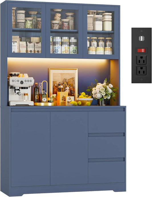 71" Kitchen Pantry Cabinet with LED Lights and Charging Station, Modern Kitchen Hutch Cabinets with Storage and Microwave Stand, Pantry Cabinet Buffet with Countertop, Blue