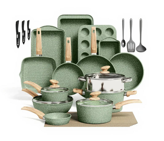 Green nonstick cookware and bakeware set with wooden handles, knives, and utensils