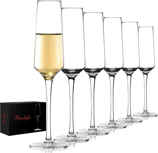 Champagne Flutes - Hand Blown Elegant Champagne Glasses Set of 6 - Unique Gift for Mother'S Day, Birthday, Wedding - Ideal for Wine Tasting, Daily Use - 7.5 Oz, Clear
