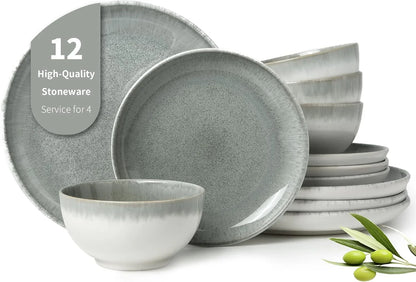 Gradient Green Stoneware Dinnerware Sets, 12 Pcs Reactive Glaze Plates and Bowls Sets, Handmade Ceramic round Dishes Set for 4, Highly Chip and Crack Resistant Modern Plate Set