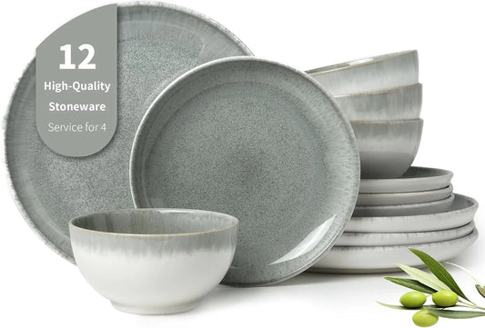 Gradient Green Stoneware Dinnerware Sets, 12 Pcs Reactive Glaze Plates and Bowls Sets, Handmade Ceramic round Dishes Set for 4, Highly Chip and Crack Resistant Modern Plate Set