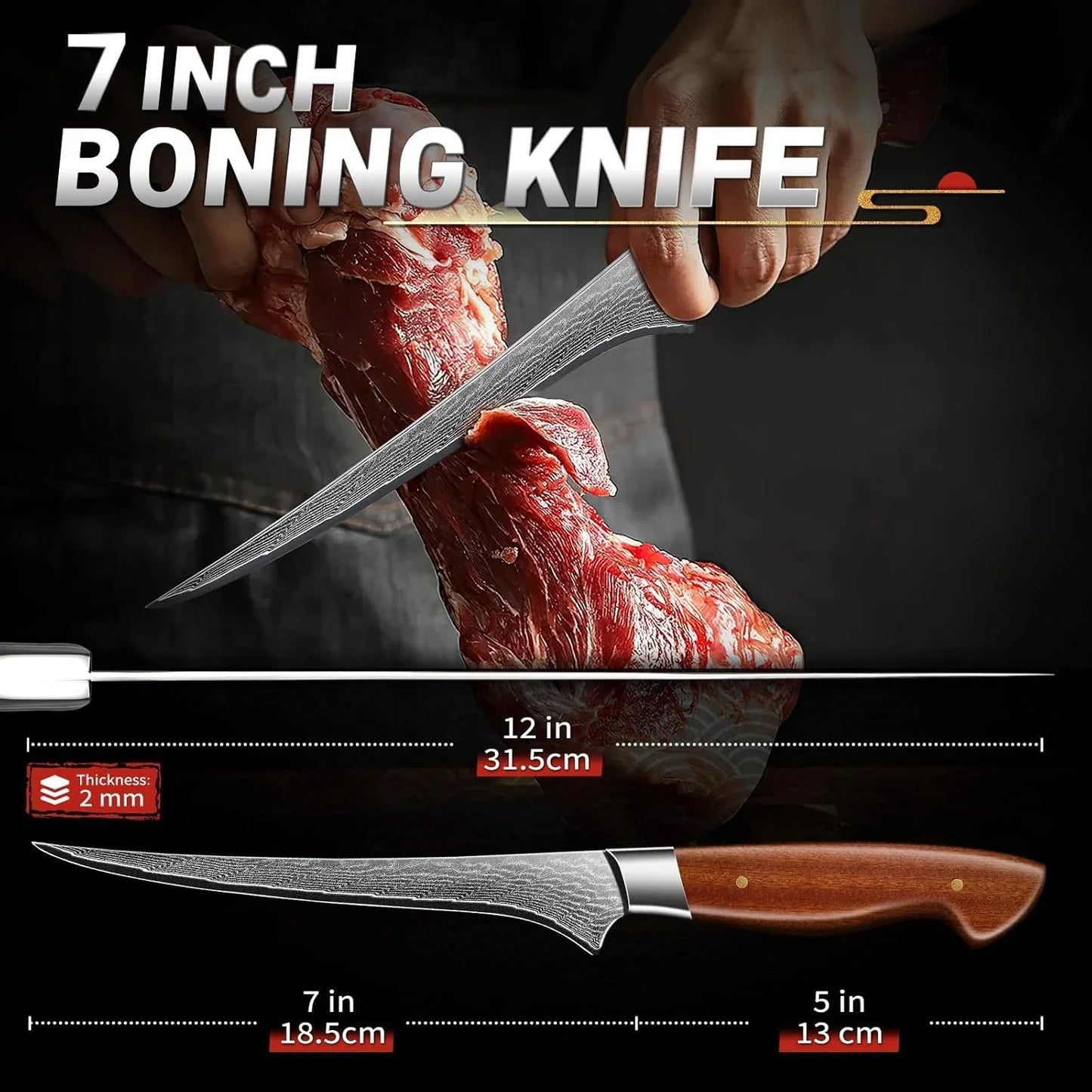 Damascus Fillet Knife 7 Inch - Professional VG-10 Super Sharp Boning Knife for Meat Poultry Chicken Cutting, Japanese Fish Knives with Ergonomic Wood Handle, Birthday Gifts for Men Women