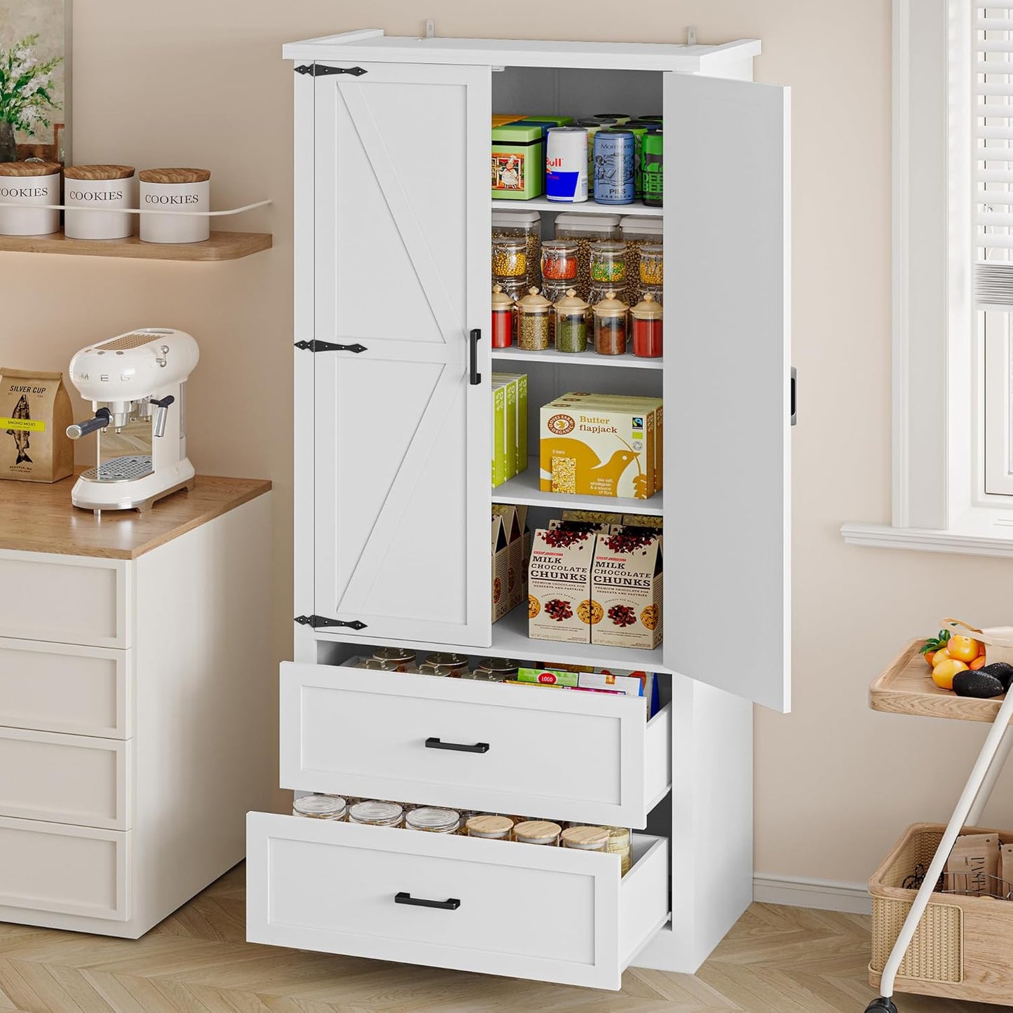Pantry Organizers and Storage Cabinet, 71” Barn Door White Kitchen Cabinet with Drawers and Adjustable Shelf, Tall Pantry for Kitchen, Dining Room, Living Room. Bathroom and Office