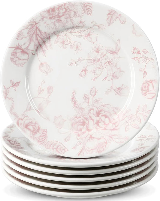 6 Pcs 6 Inch Pink Floral Flower Ceramic Plates Pink and White Porcelain Salad Serving Plate Vintage Dinner Appetizer Dessert Dishes Tableware for Wedding Birthday Tea Party Table Supplies
