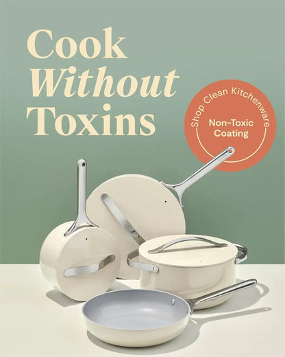 Non-toxic cookware set with creamy pots, pans, and lids for safe, toxin-free cooking