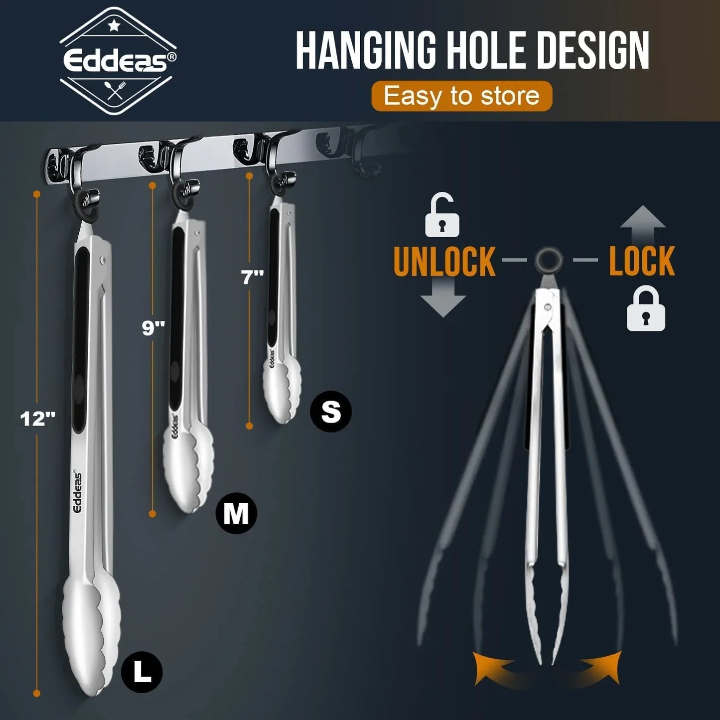 Tongs for Cooking - Heat Resistant 600 Degrees Stainless Steel Kitchen Tong,Heavy Duty Metal Locking Tongs - Perfect for Food,Salad and BBQ Set of 3 (7",9" and 12") Dishwasher