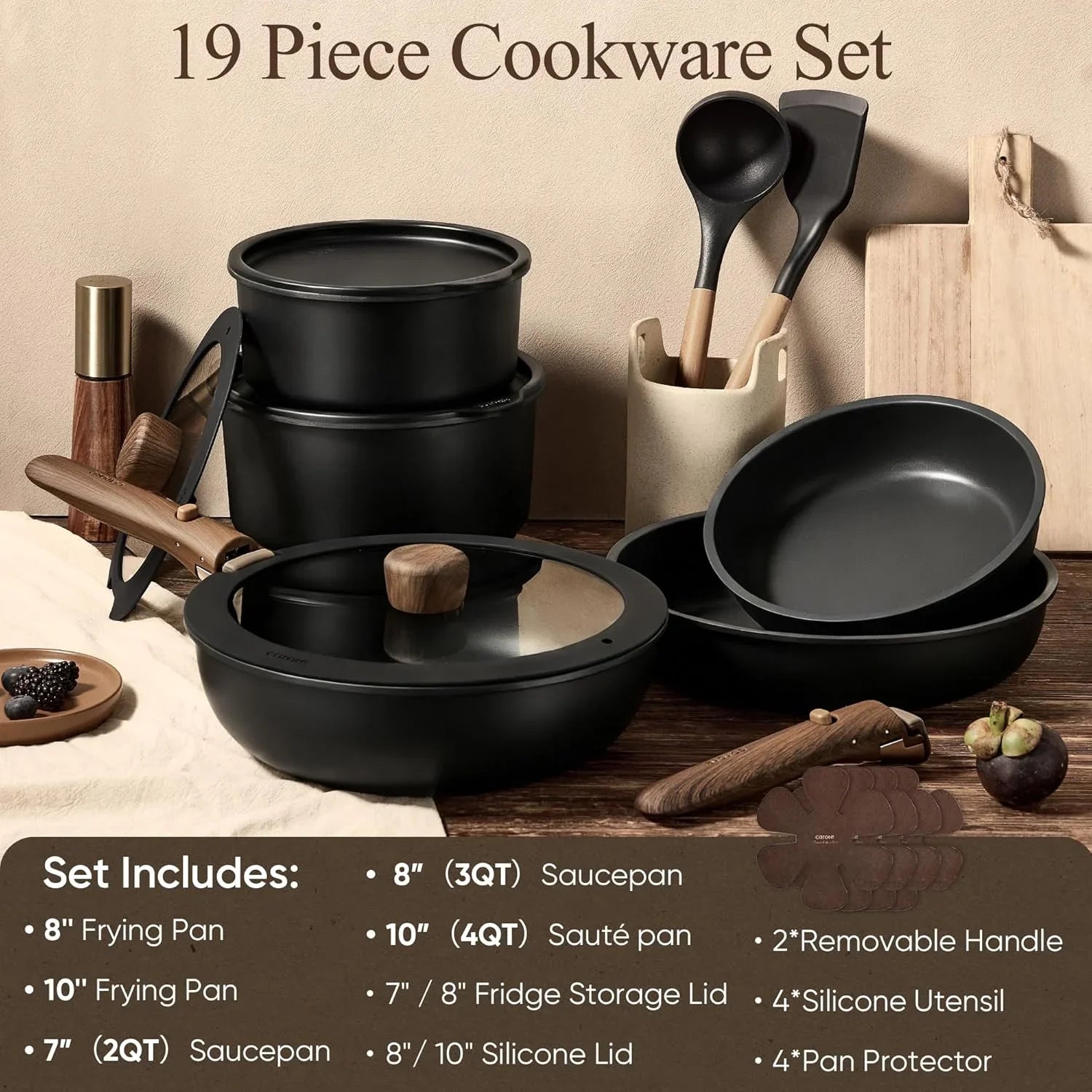 19Pcs Pots and Pans Non Stick, Cookware Sets Detachable Handle, Induction Kitchen Pots and Pans,Nonstick Cooking Set, Oven/Dishwasher/Fridge Safe, Space Saving