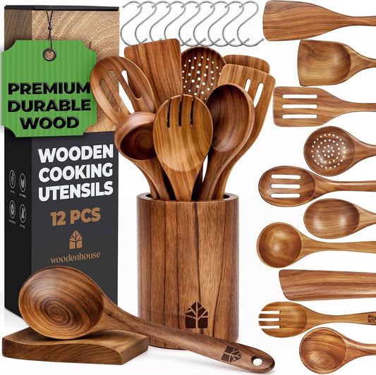 Premium durable wooden cooking utensils set with 12 pieces, including spoons, spatulas, and slotted tools