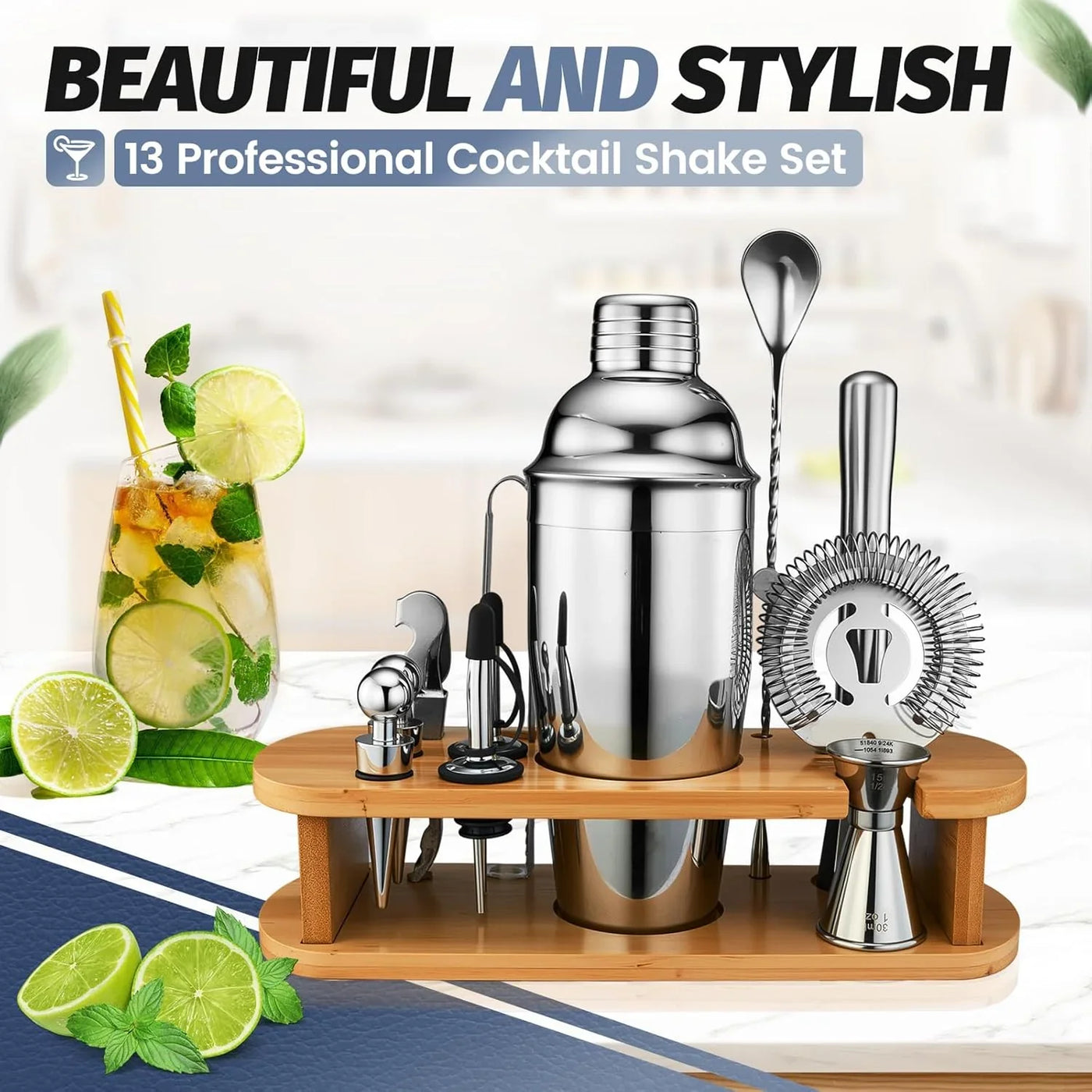 Cocktail Shaker Set Bartender Kit: 13-Pcs Bar Tools Set with Bamboo Stand, Essential Bar Accessories for Home: 25Oz Martini Shaker, Jigger, Bar Spoon, Professional Cocktails Kit for Drink Mixing |Gift
