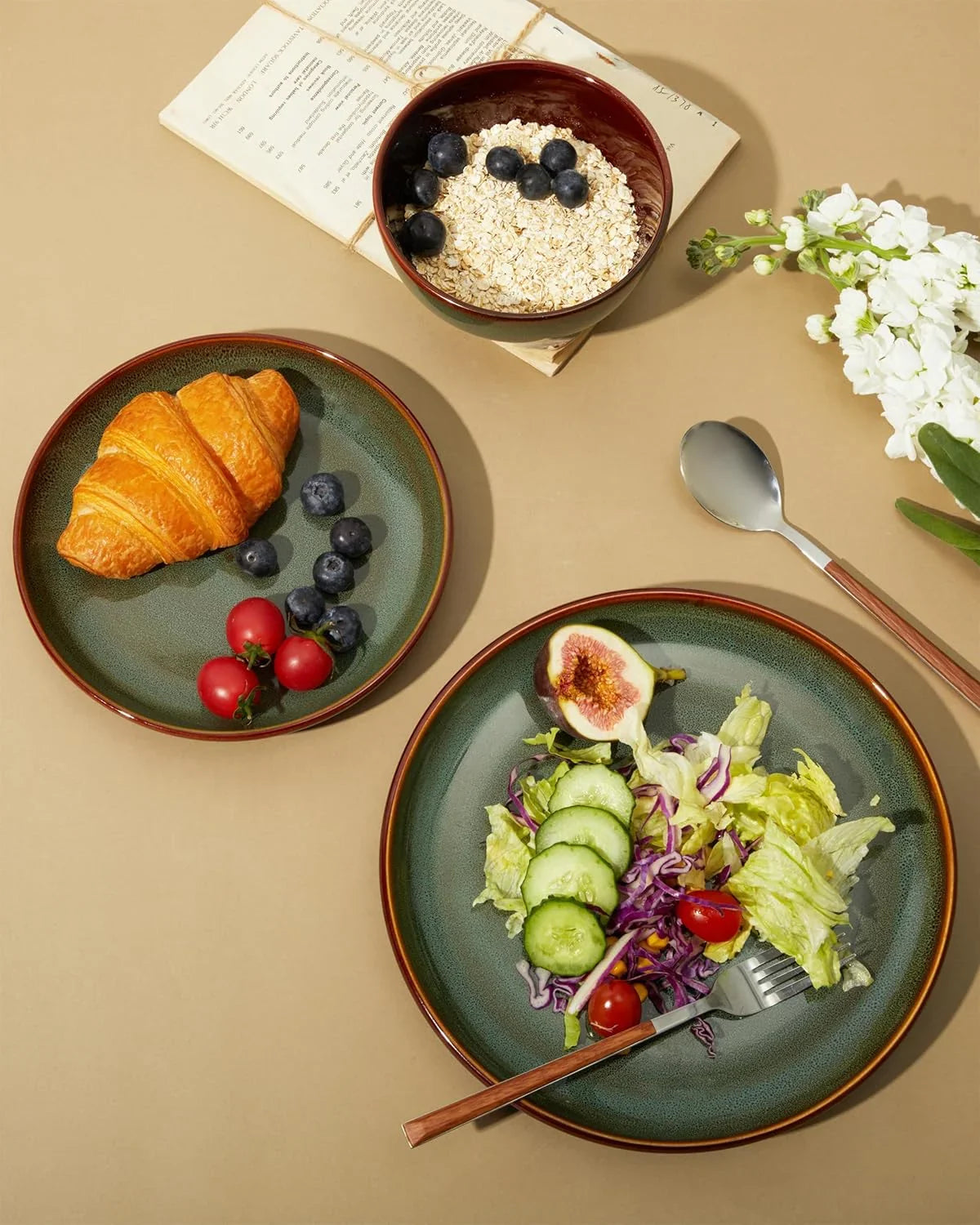 Stoneware Dinnerware Sets, Ceramic Plates and Bowls Set, Microwave & Dishwasher Safe Kitchen Dishes, Modern Dinner Salad Plates | Cereal Bowls, Dishware Sets Service for 4 Sage Green