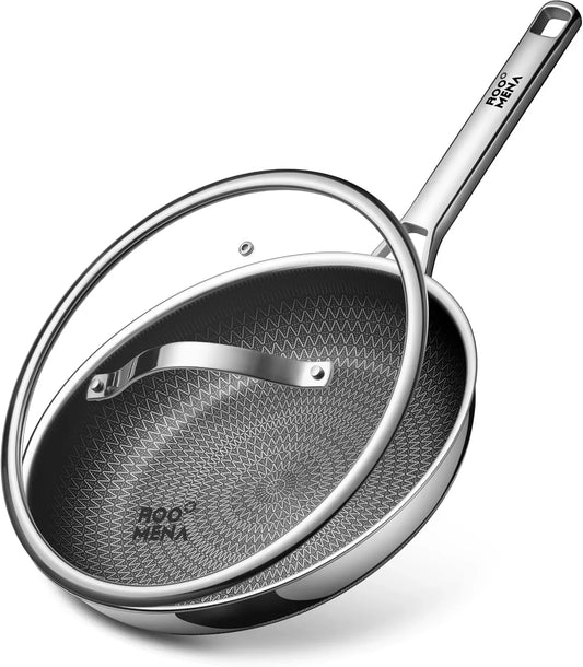 Frying Pans Non Stick, Hybrid Ceramic with Lid, 12 Inch Tri-Ply Stainless Steel Skillet, Non-Toxic, PFAS/PFOA/PTFE Free, Metal Utensil Safe, Dishwasher & Oven Safe