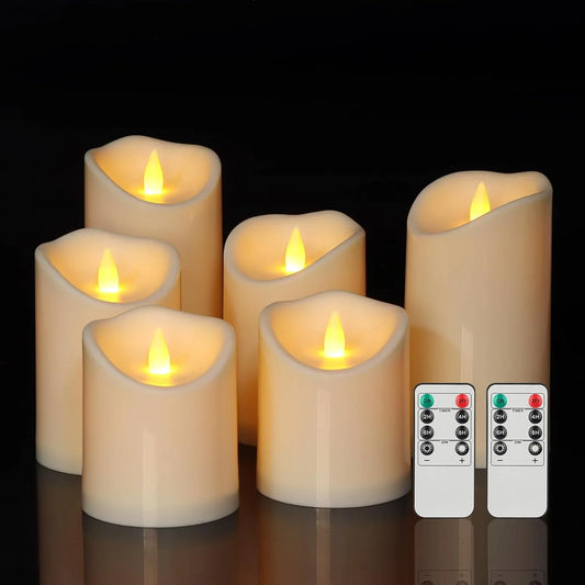 Outdoor Indoor Flameless Candles, Patented 3D Dual-Led, Set of 6 Slanted Top Durable Plastic Pillars with 2 Remotes & Timer, Non-Melting Waterproof Battery Candles for Patio Garden (Ivory)