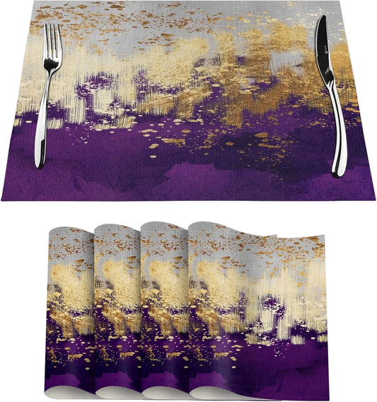 Purple Gold Abstract Linen Placemats Set of 4, Heat Resistant Wipeable Purple Place Mats for Kitchen Dining Table Holiday Wedding Party Outdoor Farmhouse Gardening, Kitchen Home Decor, 12 X 18 Inch