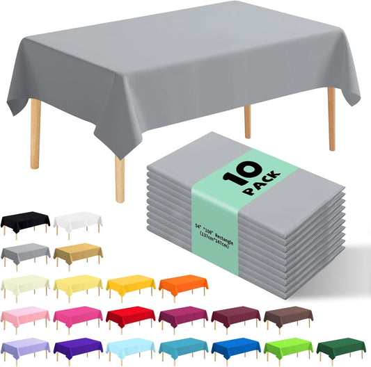 10 Pack Premium Disposable Plastic Tablecloth 54" X 108" Rectangle Table Cover for Birthdays Weddings Christmas Anniversary Buffet Table (Silver Grey)