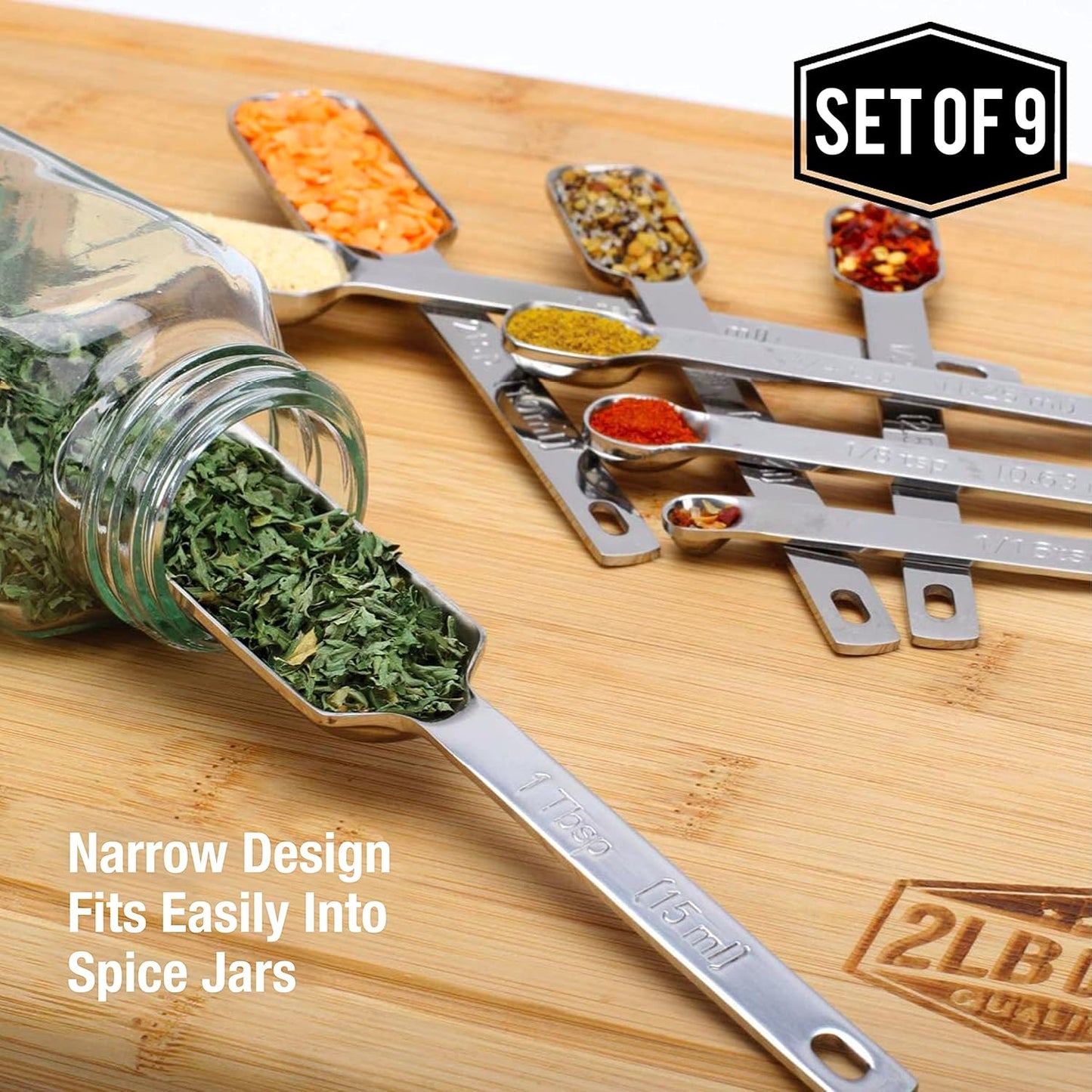 9Pc Stainless Steel Measuring Spoon Set with Leveler - Durable and Rust-Proof - Chrome-Plated, Narrow Rectangular Spoons with Long Handles - Accurate Measurements